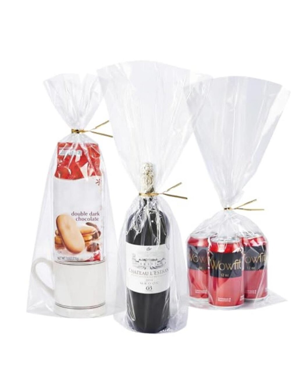 Wowfit 50 CT 9x20 Inches Clear Flat Cellophane Treat Bags with 6" Gold Twist